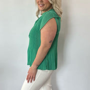 Green Pleated Tie Front Top