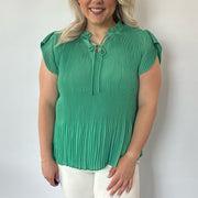 Green Pleated Tie Front Top
