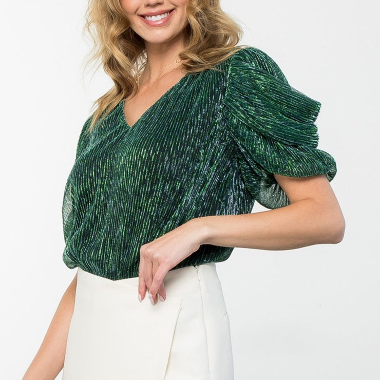 Green glitter puff sleeve top