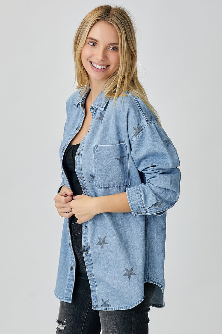 Oversized Star Print Denim Shirt - large