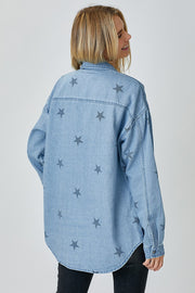 Oversized Star Print Denim Shirt - large