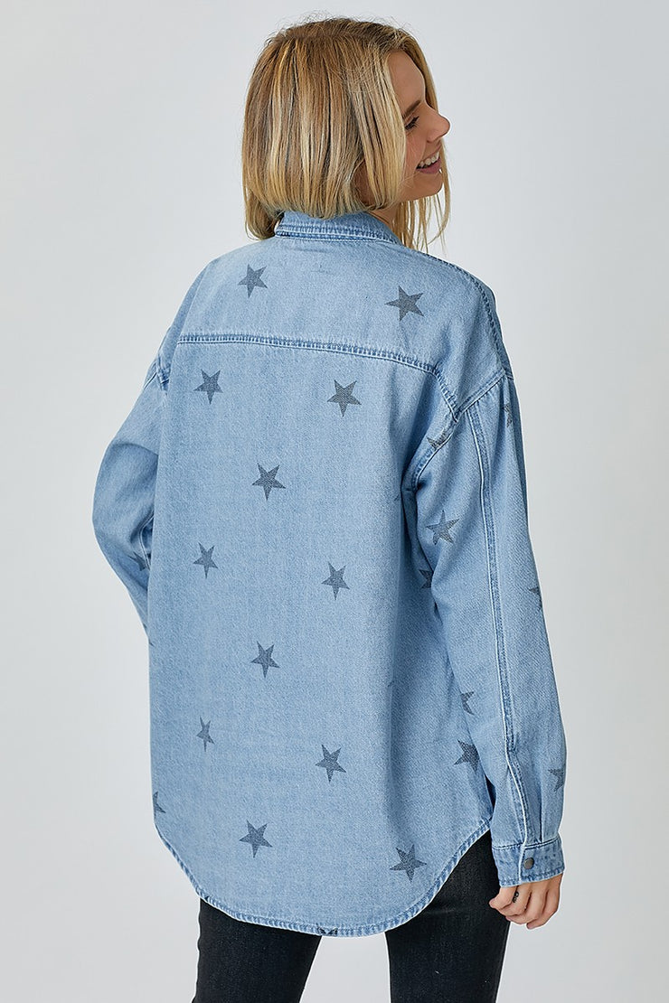 Oversized Star Print Denim Shirt - large