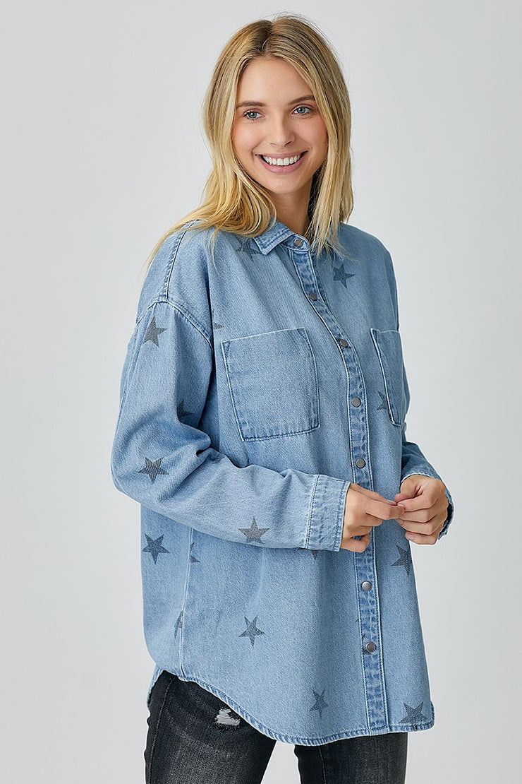 Oversized Star Print Denim Shirt - large