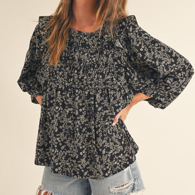 Black Floral Ruffle Top