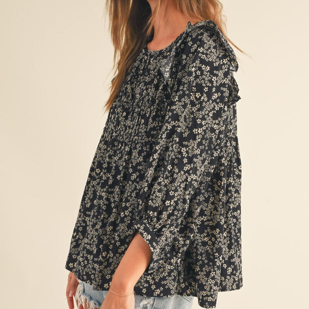 Black Floral Ruffle Top