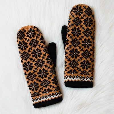 Camel and Black Patterned Mittens