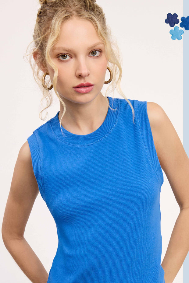 Blue Crew Neck Tank Top