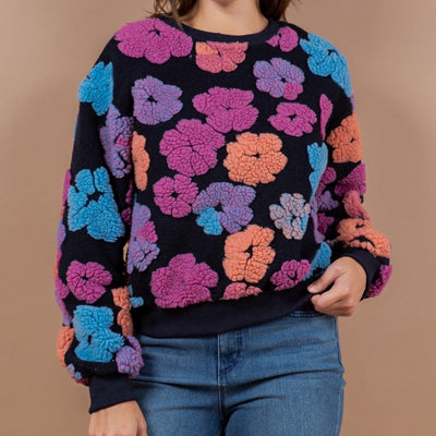 Navy Sherpa Flowers Top