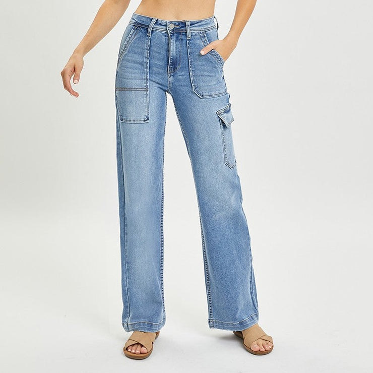 High Rise Cargo Pocket Wide Leg Jeans