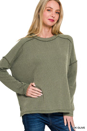 Olive Ribbed Boat Neck Top