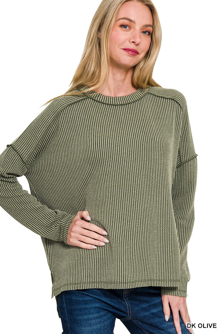 Olive Ribbed Boat Neck Top