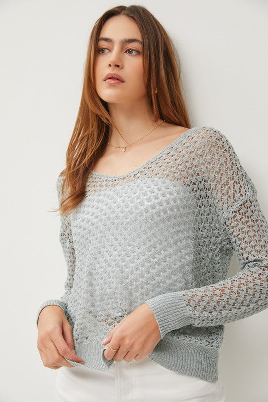 Slate V-Neck Crochet Sweater