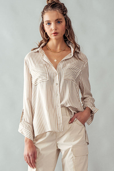 Taupe Striped Button Down Shirt