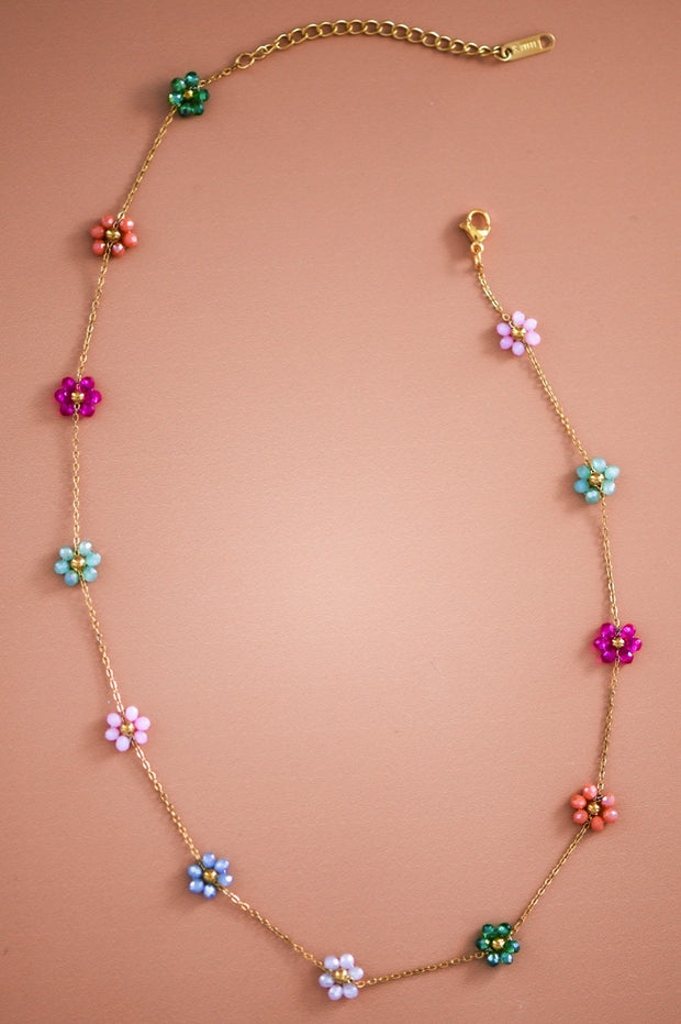 Gold Multicolored Beaded Flower Necklace