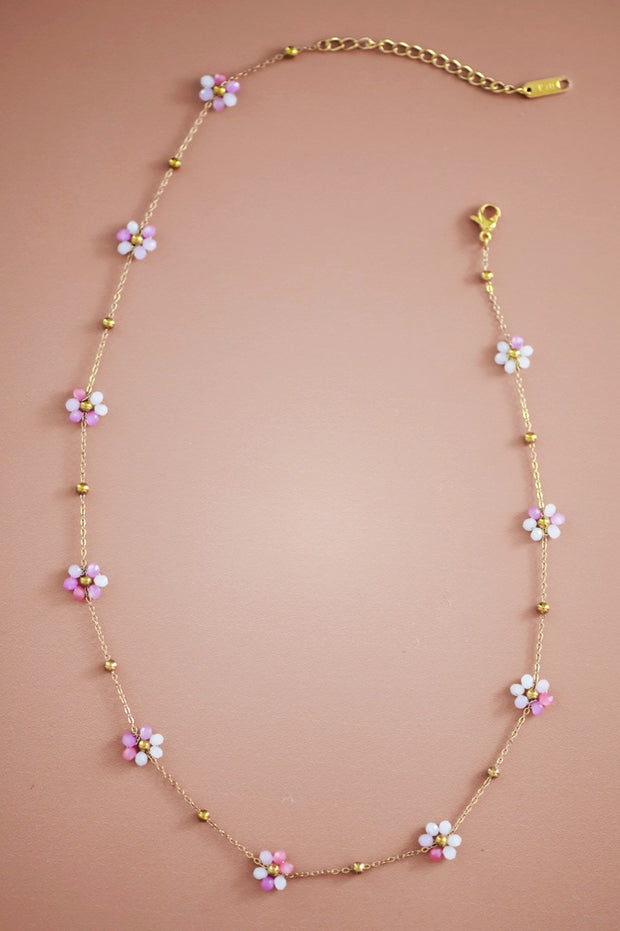 Gold Pink Beaded Flower Necklace