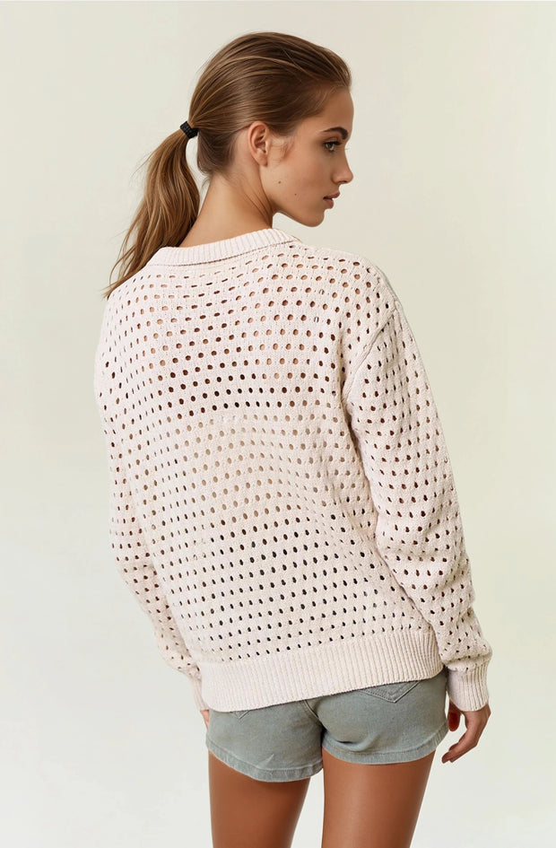 Cream V Neck Open Knit Polo Top