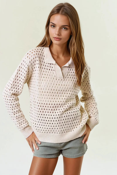 Cream V Neck Open Knit Polo Top