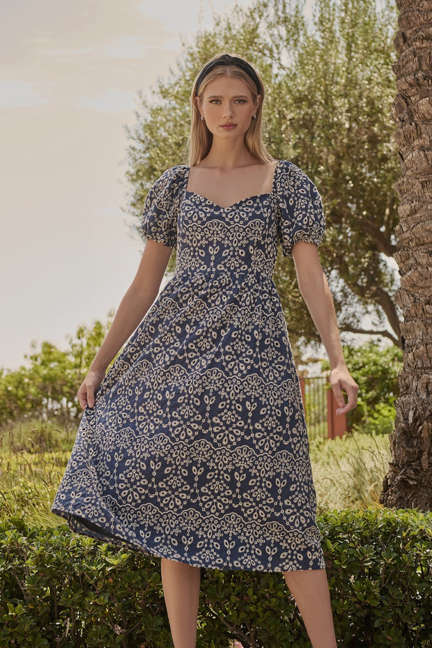 Navy Floral Eyelet Dress