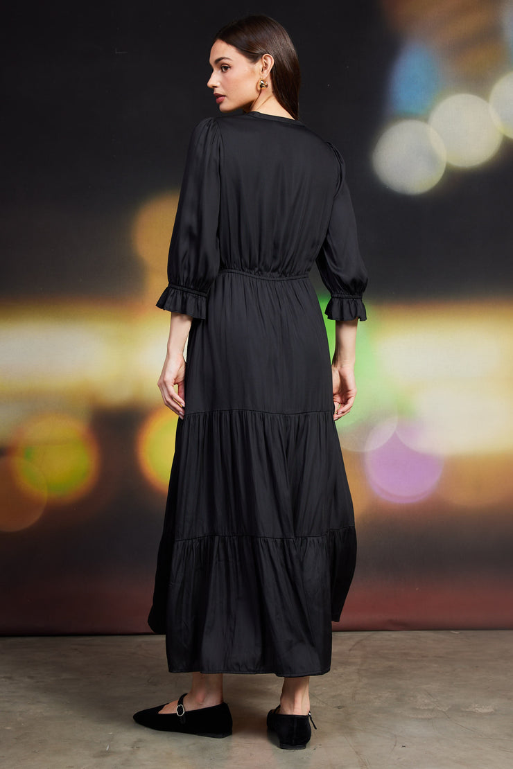 Black Long Sleeve Ruffle Tiered Dress - xs