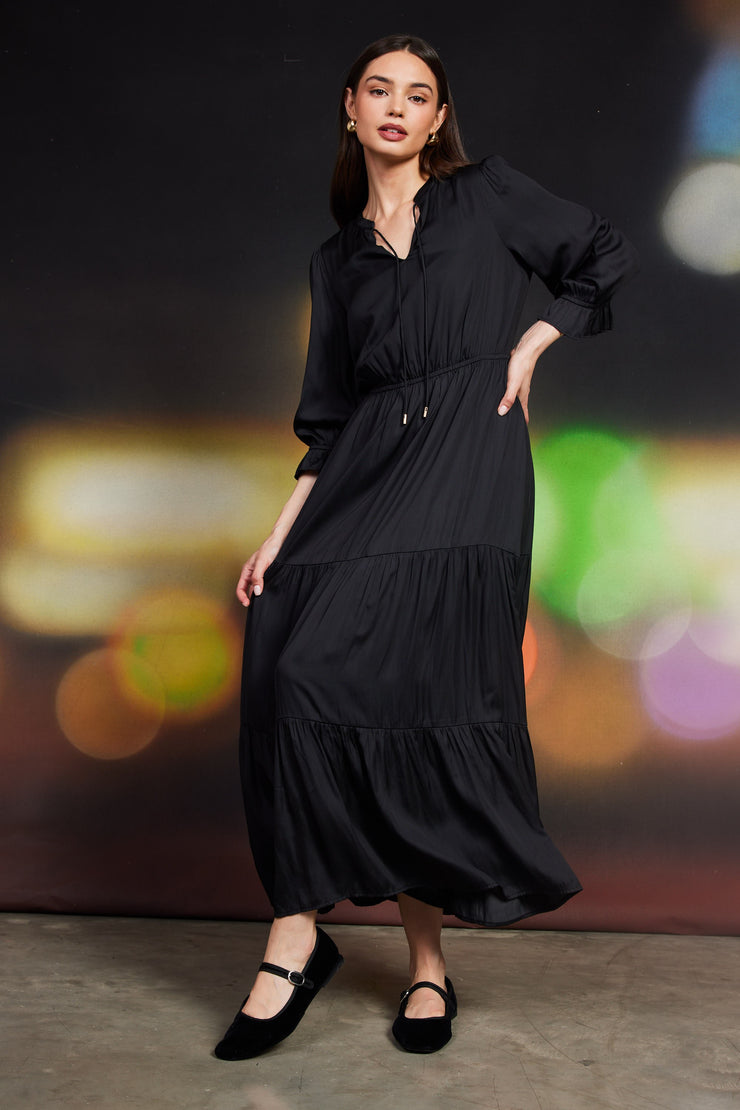 Black Long Sleeve Ruffle Tiered Dress - xs