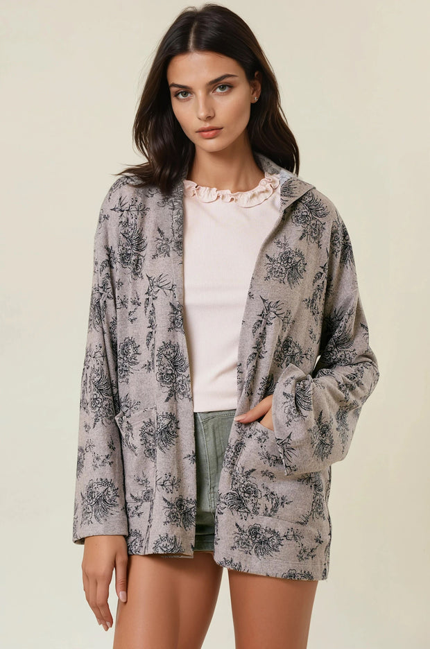 Grey Oversized Floral Open Cardigan