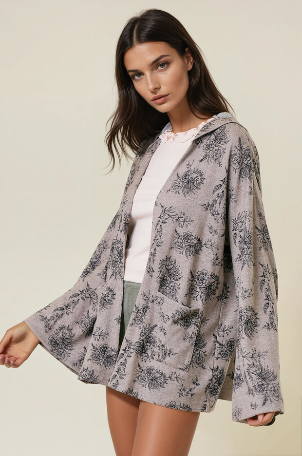 Grey Oversized Floral Open Cardigan