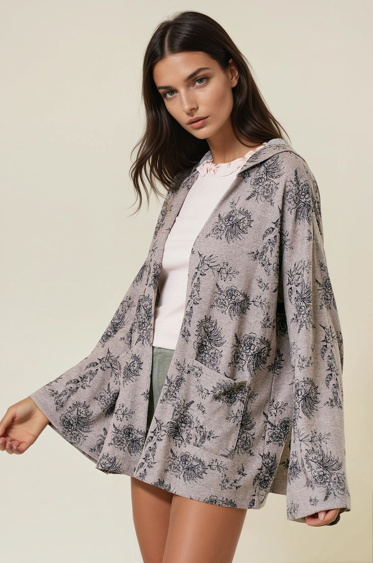 Grey Oversized Floral Open Cardigan