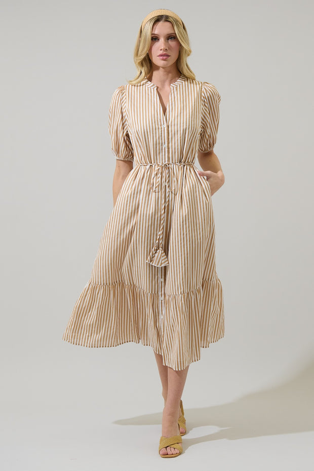 Taupe Striped Midi Dress