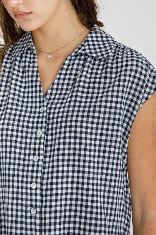 Navy Cropped Gingham Top