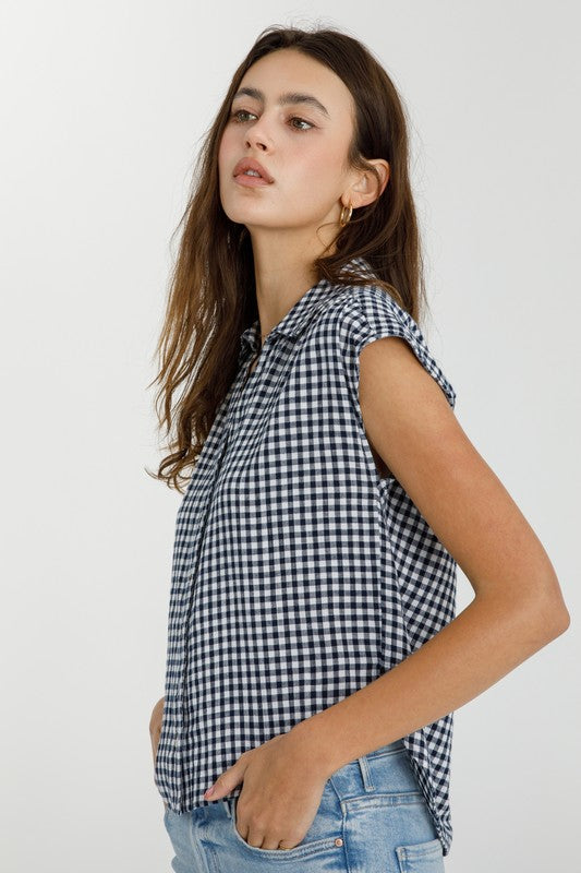 Navy Cropped Gingham Top