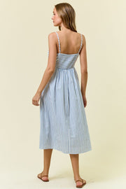 Blue Ruched Striped Midi Dress