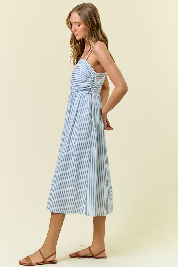 Blue Ruched Striped Midi Dress