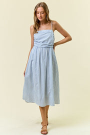 Blue Ruched Striped Midi Dress