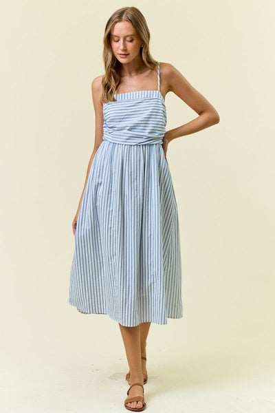Blue Ruched Striped Midi Dress