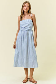 Blue Ruched Striped Midi Dress