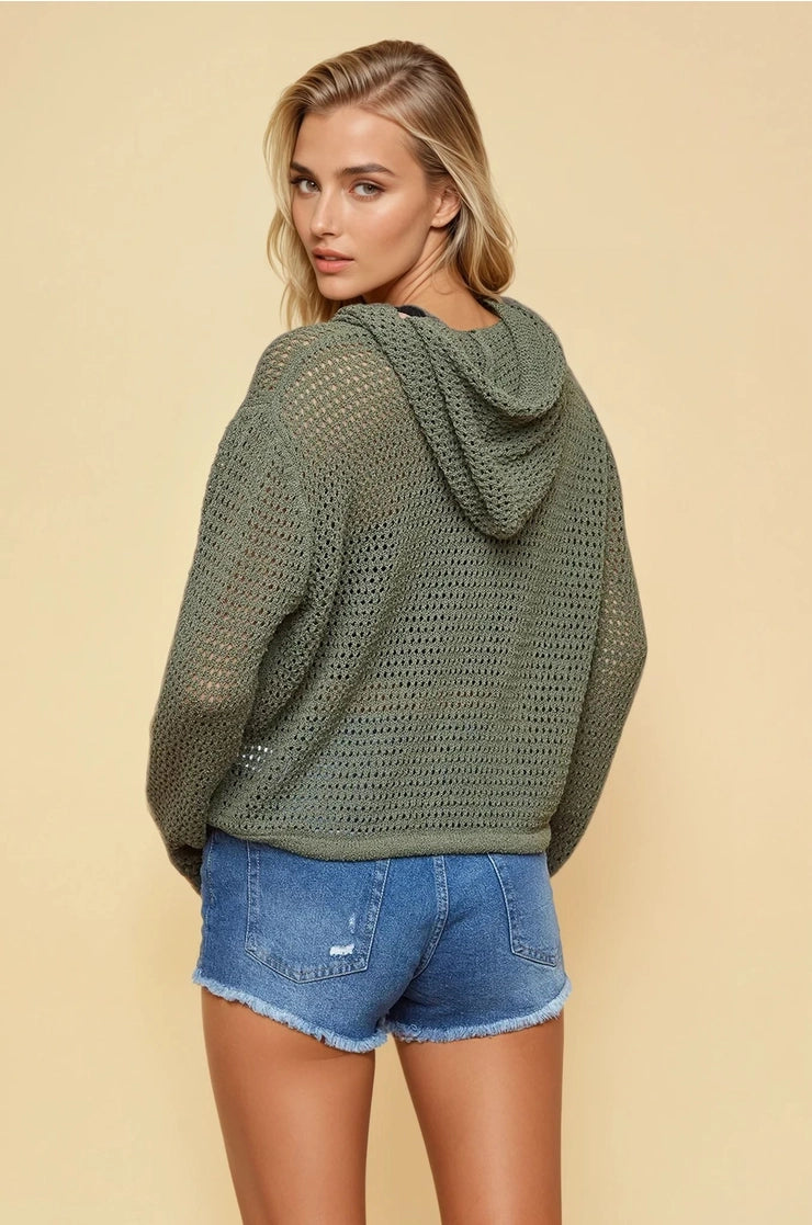 Olive Fishnet Hoodie Cardigan