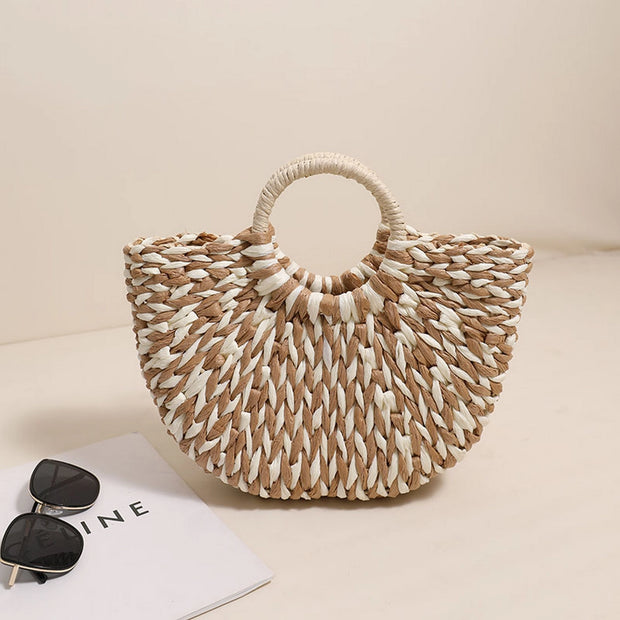 Brown Half Round Straw Bag