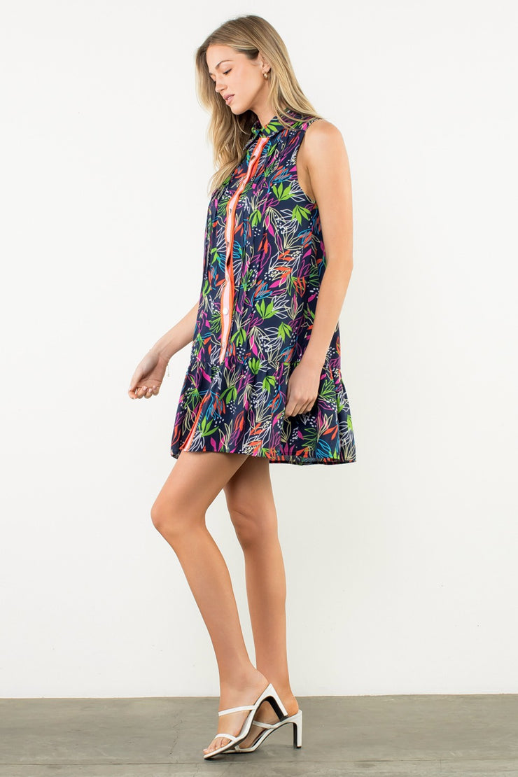 Navy Patterned Button Down Dress