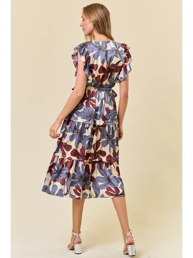 Blue Floral Flutter Sleeve Midi Dress