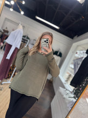 Olive Ribbed Boat Neck Top