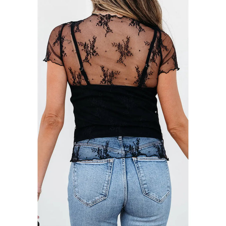 Black Mesh Floral Pattern Top - Small
