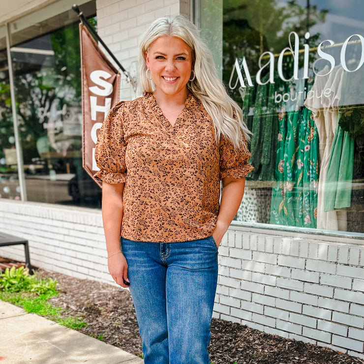 Ruffle V-Neck Floral Suede Top-small