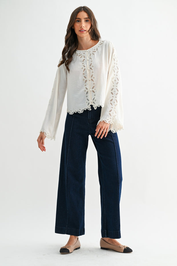 Embroidered Lace Button Blouse