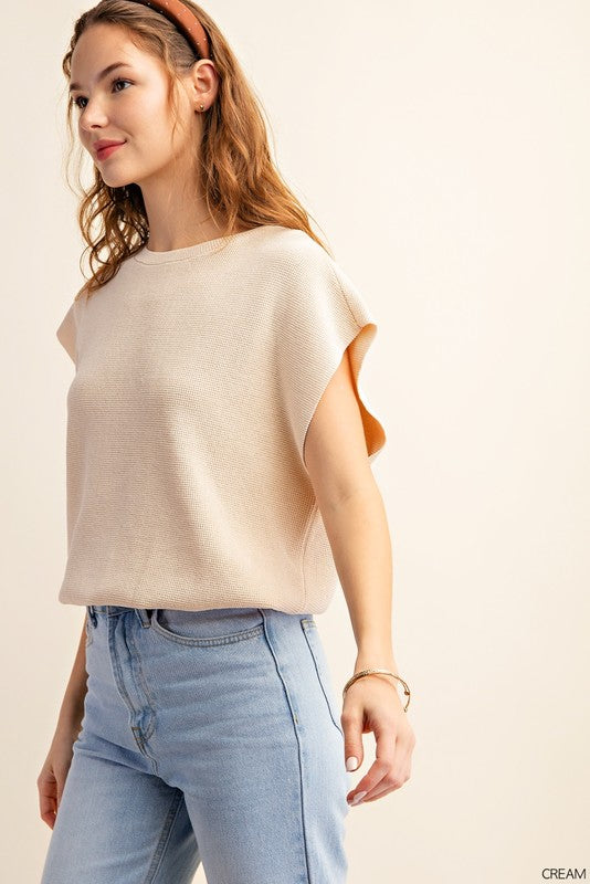 Cream Knit Short Sleeve Sweater