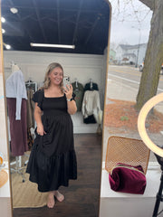 Black Satin Flutter Sleeve Dress