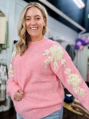 Pink Flower Applique Sweater