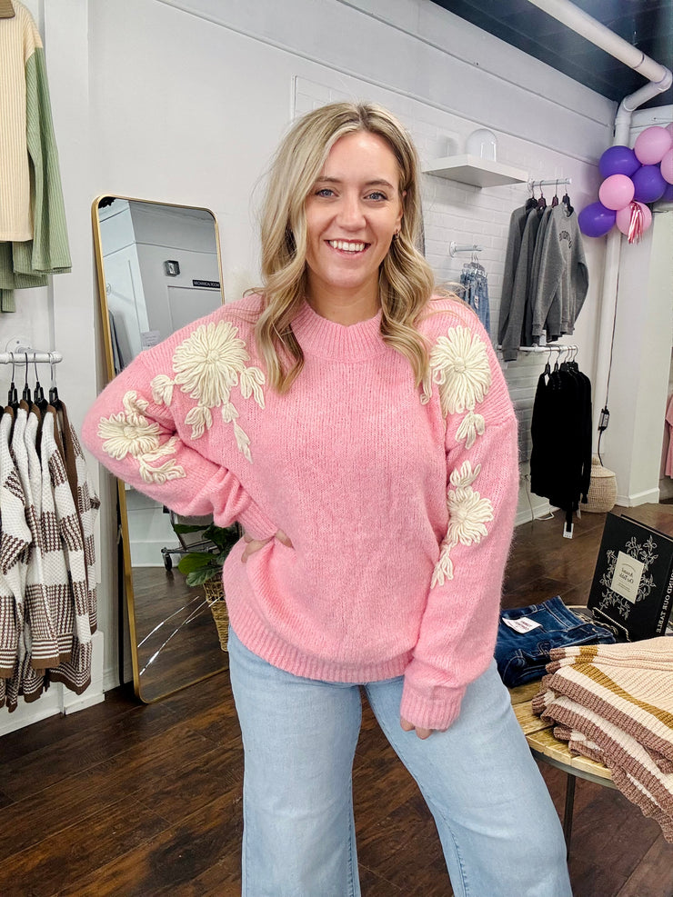 Pink Flower Applique Sweater
