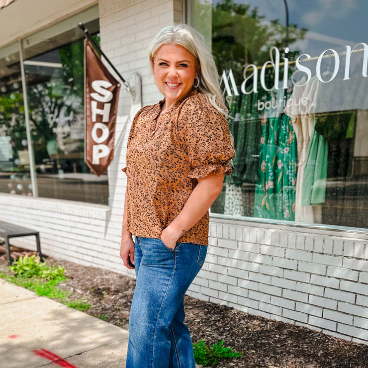 Ruffle V-Neck Floral Suede Top-small