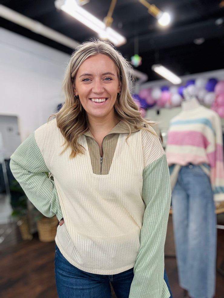 Funnel Neck Color Block Quarter Zip Up