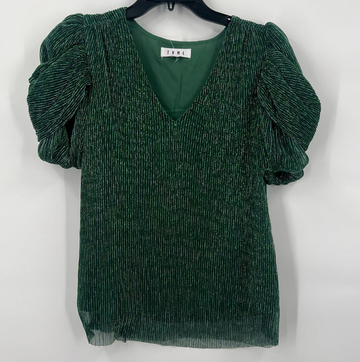 Green glitter puff sleeve top